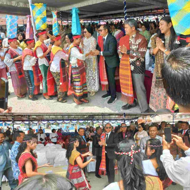 Pasangan Calon Bupati dan Wakil Bupati Taput JTP-DENS, saat diberangkatkan oleh ribuan orang pomparan si Raja Nabarat dan Silaban. (foto: lensamata.id/bisnur sitompul)