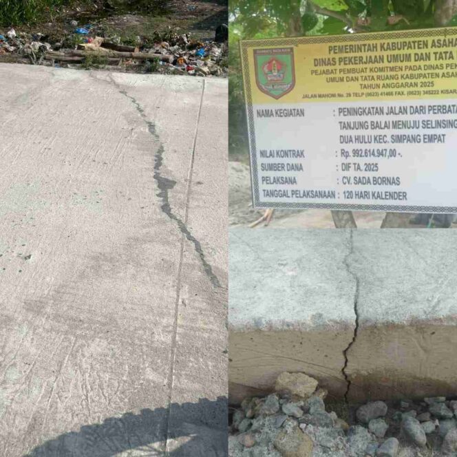 Baru Selesai Dikerjakan, Proyek PUPR Asahan Peningkatan Jalan Perbatasan Kota Tanjung Balai Menuju Desa Sei Dua Hulu Sudah Ditambal